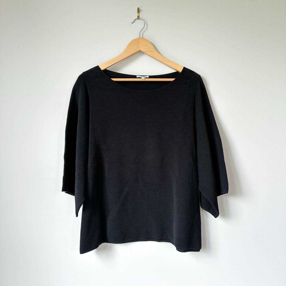 Lafayette 148 New York Ribbed Round Neck 3/4 Sleeve Pullover Sweater Black L